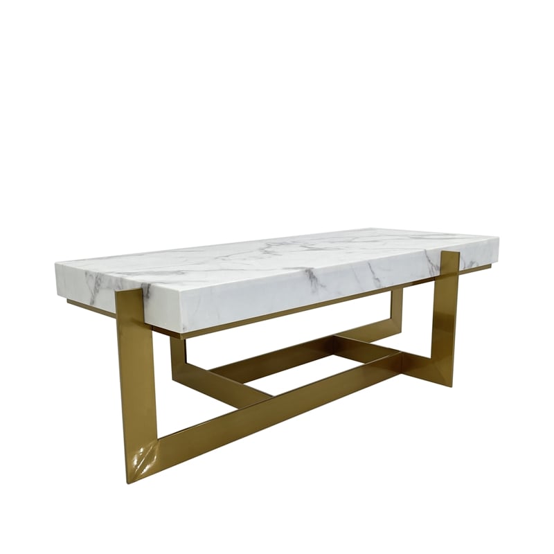 Rectangular Coffee Table with White Marble Top and Matte Gold Base
