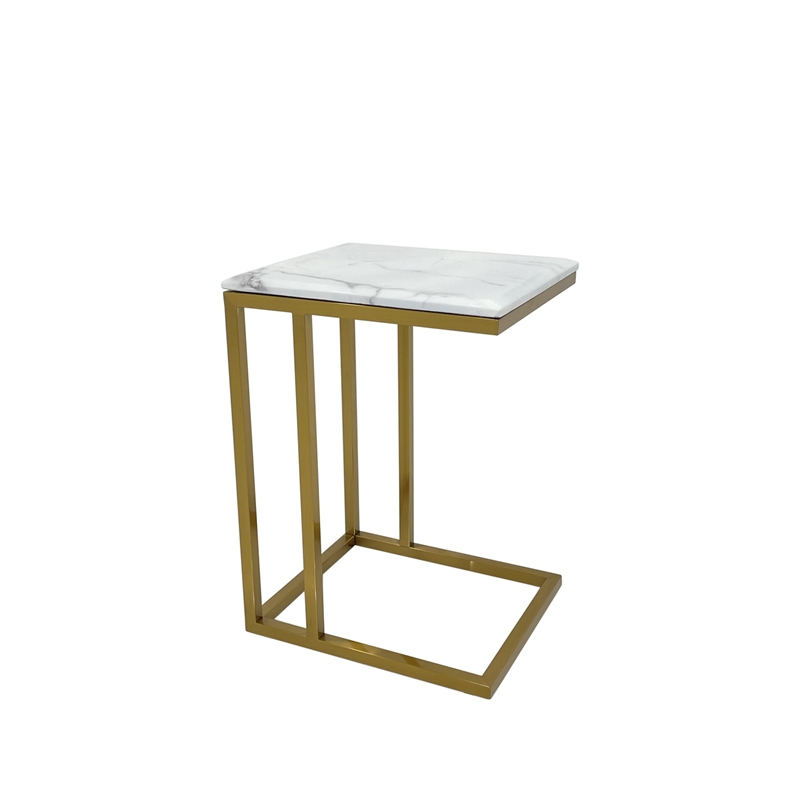 Rectangular End Table with White Marble Top and Matte Gold Base