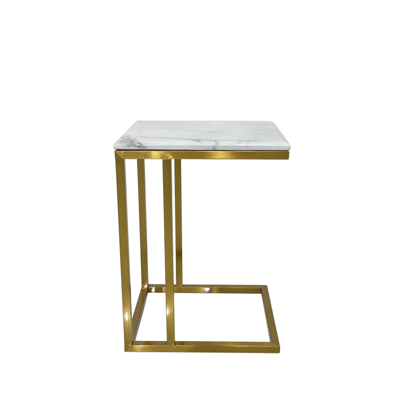 Rectangular End Table with White Marble Top and Matte Gold Base