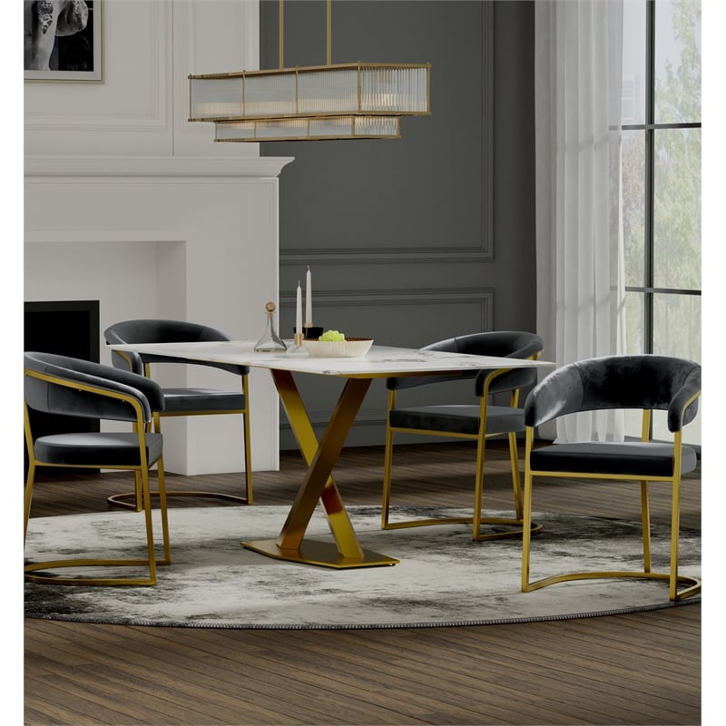 Dining Chair with Dark Gray Velvet Cushion and Matte Gold Legs