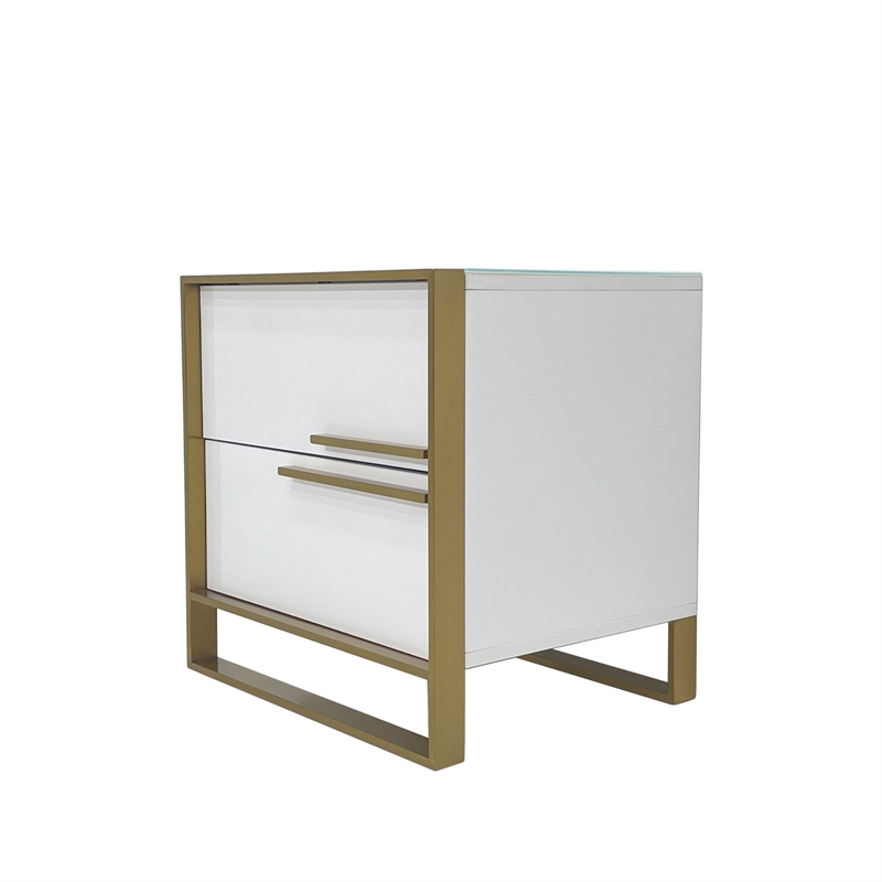 White Engineered Wood Night Stand with Matte Gold Frame and Linear Handles