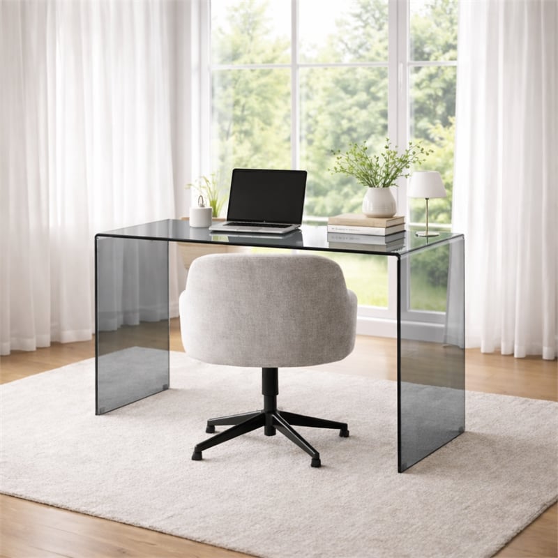 Bent Tempered Glass Computer Desk in Translucent Gray