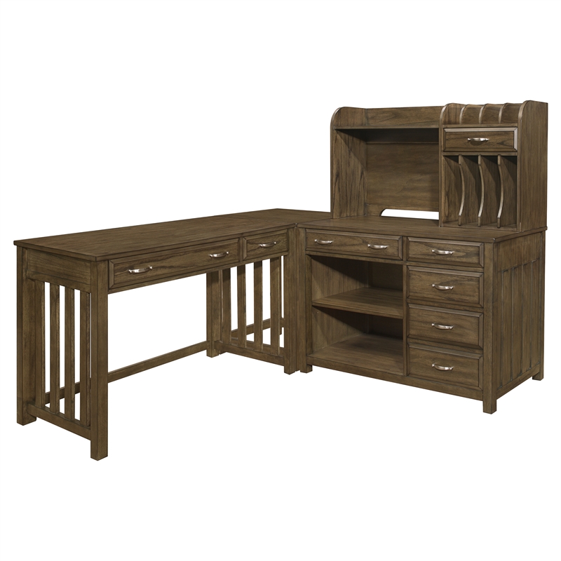 Lexicon Blanche Wood L Shaped Desk with Hutch in Brown Gray
