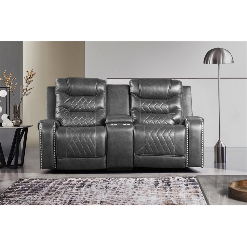 Lexicon Putnam Power Double Reclining Loveseat with Center Console in Gray