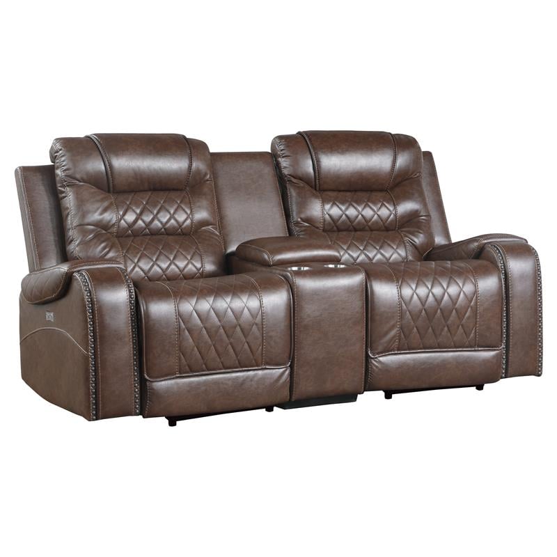 Lexicon Putnam Power Double Reclining Loveseat with Center Console in Brown