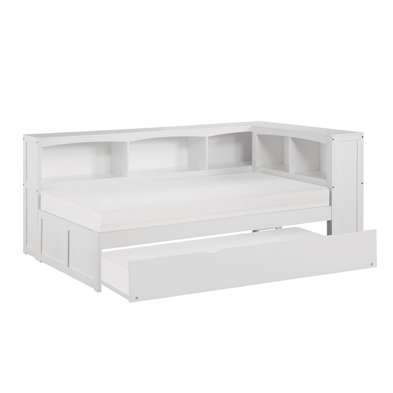 Lexicon Galen Pine Wood Twin Bookcase Corner Bed with Twin Trundle in White