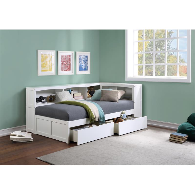 Lexicon Galen 5-Shelf Wood Twin Bookcase Corner Bed with Storage Boxes in White