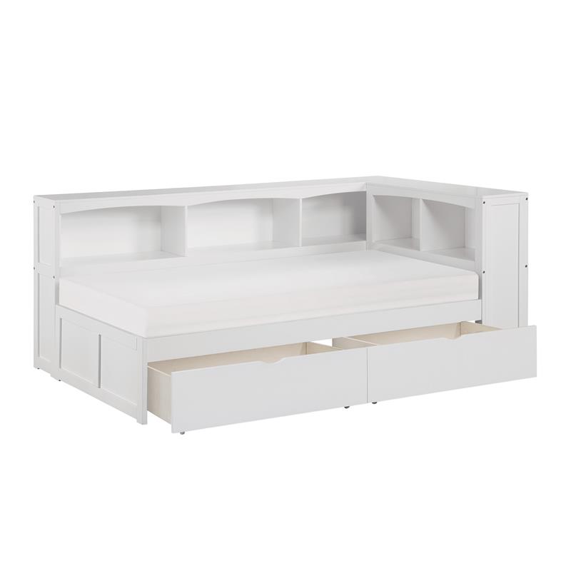 Lexicon Galen 5-Shelf Wood Twin Bookcase Corner Bed with Storage Boxes in White