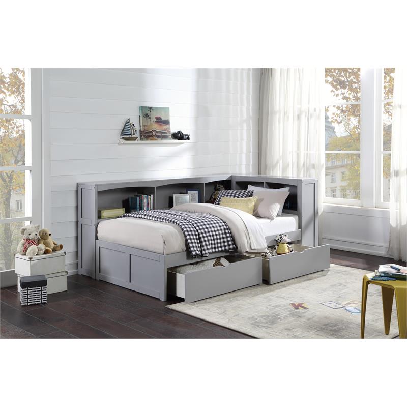 Lexicon Orion 5-Shelf Wood Twin Bookcase Corner Bed with Storage Boxes in Gray