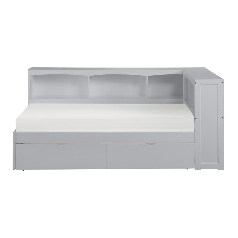Lexicon Orion 5-Shelf Wood Twin Bookcase Corner Bed with Storage Boxes in Gray