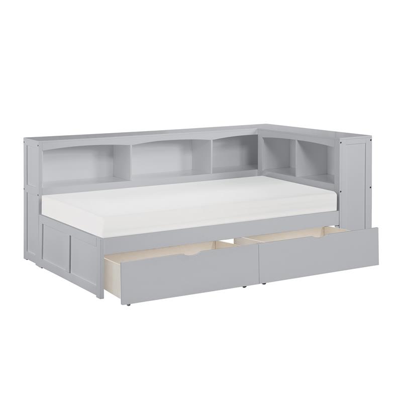 Lexicon Orion 5-Shelf Wood Twin Bookcase Corner Bed with Storage Boxes in Gray