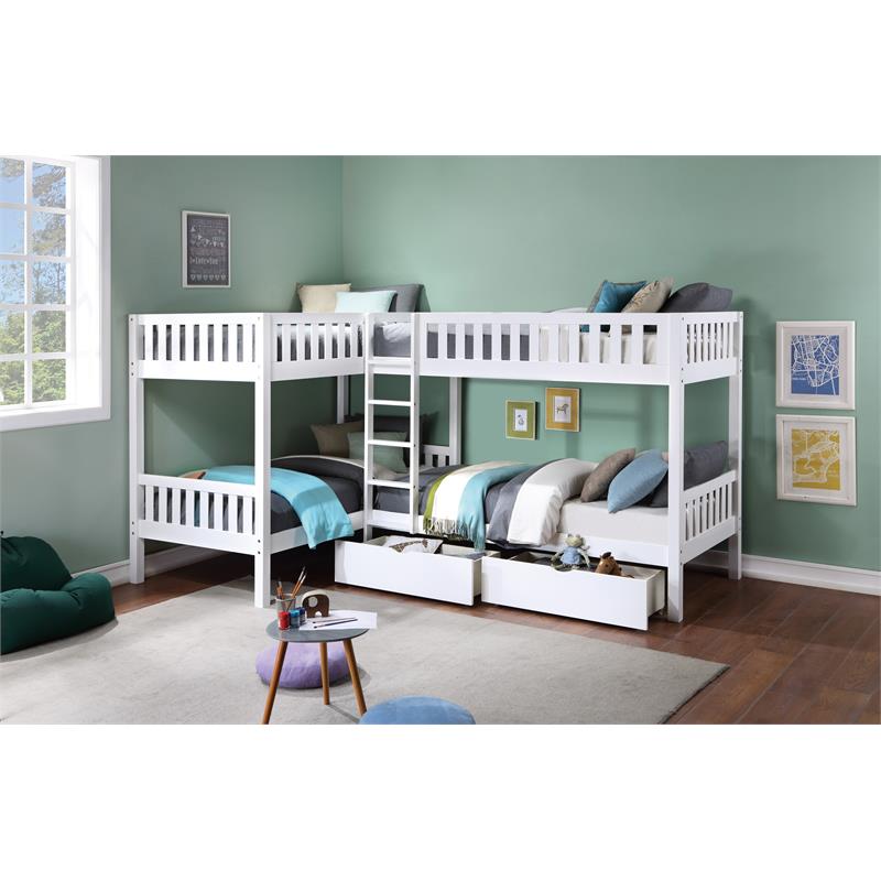 Lexicon Galen Transitional Wood Corner Bunk Bed with Storage Boxes in White