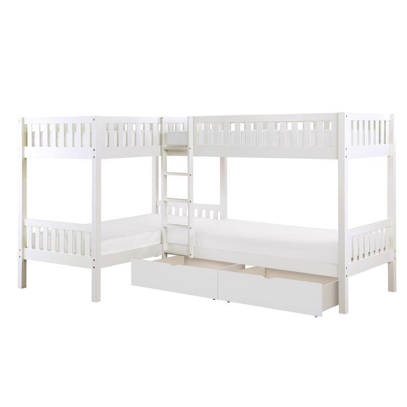Lexicon Galen Transitional Wood Corner Bunk Bed with Storage Boxes in White
