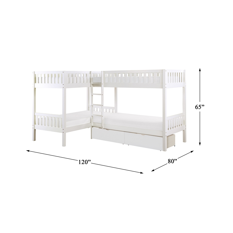 Lexicon Galen Transitional Wood Corner Bunk Bed with Storage Boxes in White
