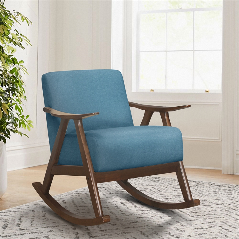 Lexicon Waithe Mid-Century Textured Fabric Rocking Chair in Dark Walnut/Blue