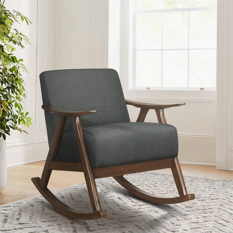 Lexicon Waithe Mid-Century Fabric Rocking Chair in Dark Walnut/Dark Gray