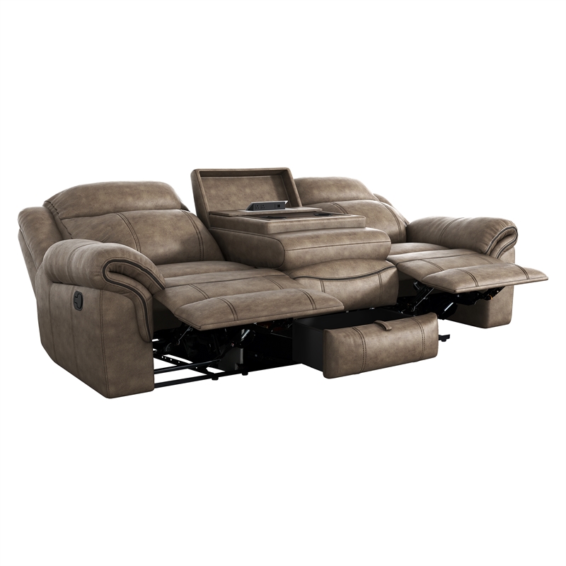 Lexicon Aram Microfiber Double Reclining Sofa with Cup Holders in Brown