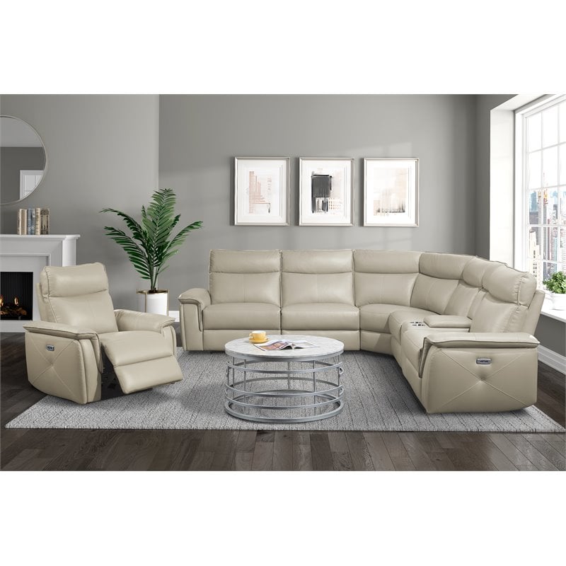 Lexicon Maroni 6-piece Contemporary Leather Modular Reclining Sectional in Beige