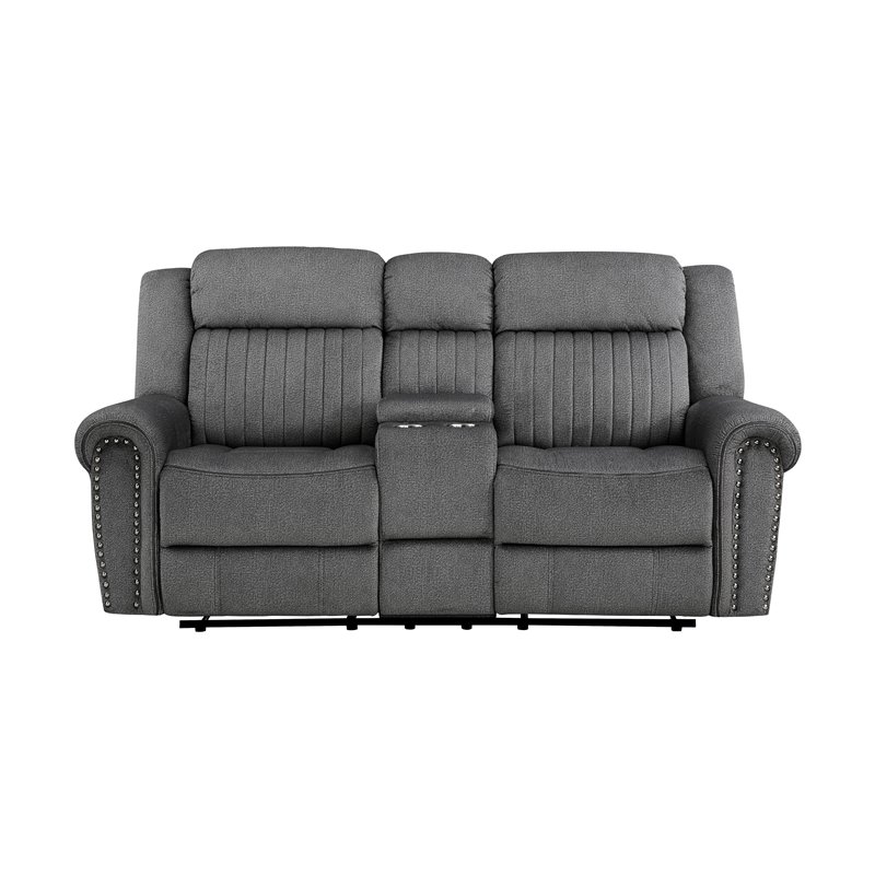 Lexicon Fabric Double Reclining Love Seat with Center Console in Charcoal