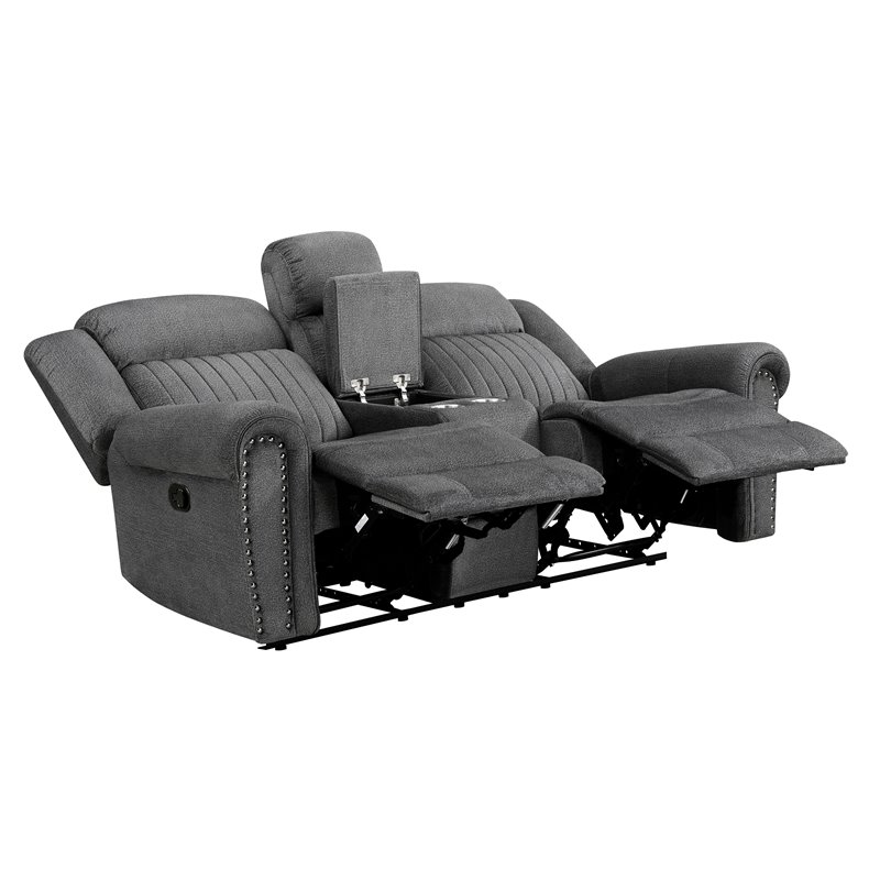 Lexicon Fabric Double Reclining Love Seat with Center Console in Charcoal