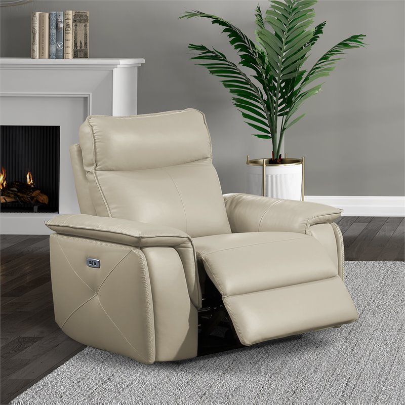 Lexicon Maroni Wood & Leather Power Reclining Chair with Power Headrest in Beige