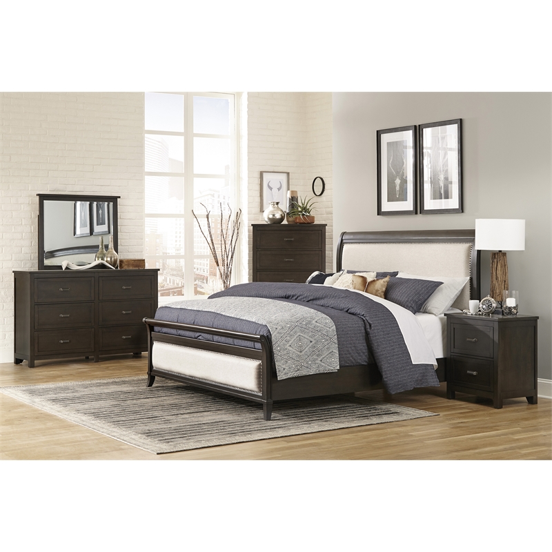 Lexicon Hebron EKing Bed with Upholstered Headboard in Dark Cherry/Beige