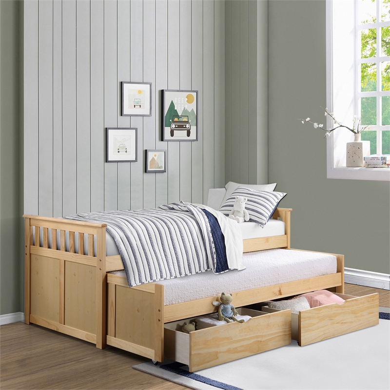 Lexicon Contemporary Wood Twin/Twin Bed with Storage Boxes in Natural Pine
