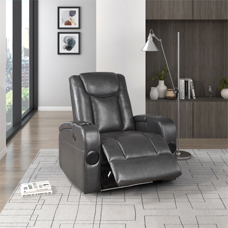 Lexicon Turbo Faux Leather Power Reclining Chair with Storage Arms in Gray