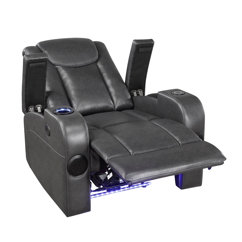 Lexicon Turbo Faux Leather Power Reclining Chair with Storage Arms in Gray