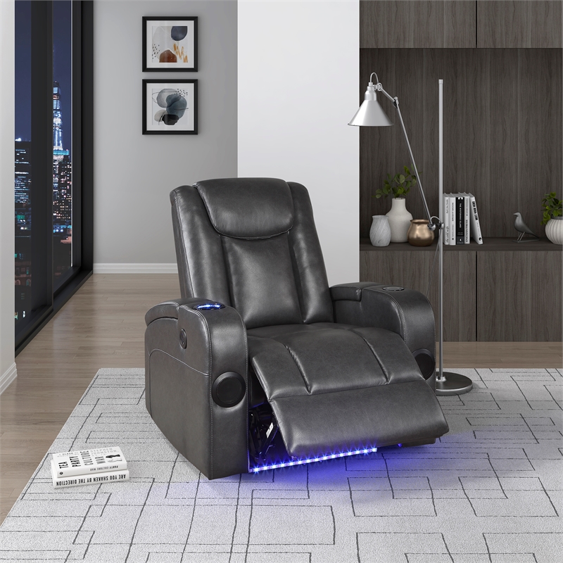 Lexicon Turbo Faux Leather Power Reclining Chair with Storage Arms in Gray