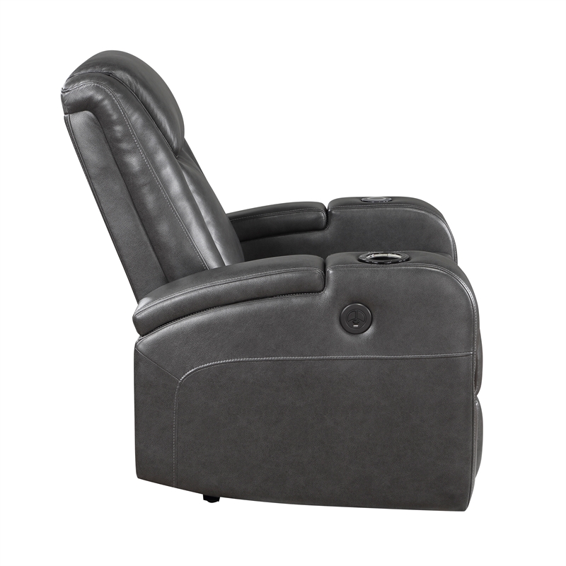 Lexicon Turbo Faux Leather Power Reclining Chair with Storage Arms in Gray