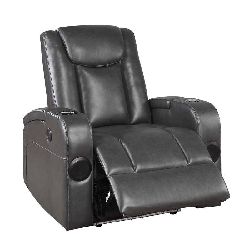 Lexicon Turbo Faux Leather Power Reclining Chair with Storage Arms in Gray