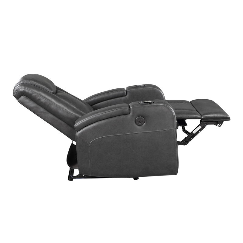 Lexicon Turbo Faux Leather Power Reclining Chair with Storage Arms in Gray