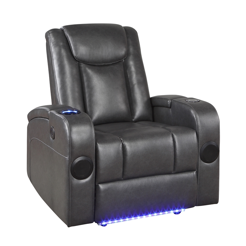 Lexicon Turbo Faux Leather Power Reclining Chair with Storage Arms in Gray