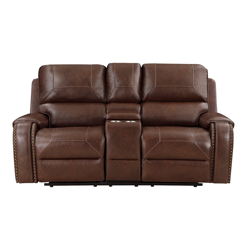 Lexicon Newnan Faux Leather Double Glider Manual Reclining Loveseat in Brown