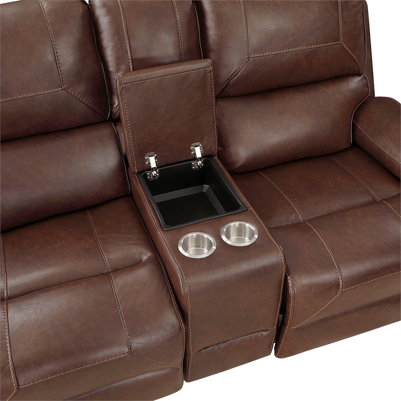 Lexicon Newnan Faux Leather Double Glider Manual Reclining Loveseat in Brown