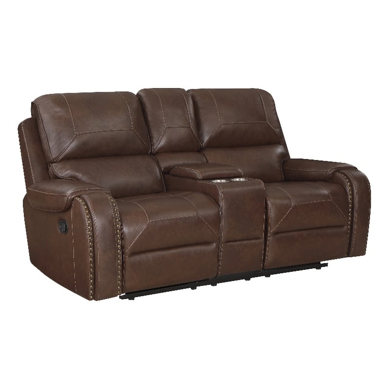 Lexicon Newnan Faux Leather Double Glider Manual Reclining Loveseat in Brown