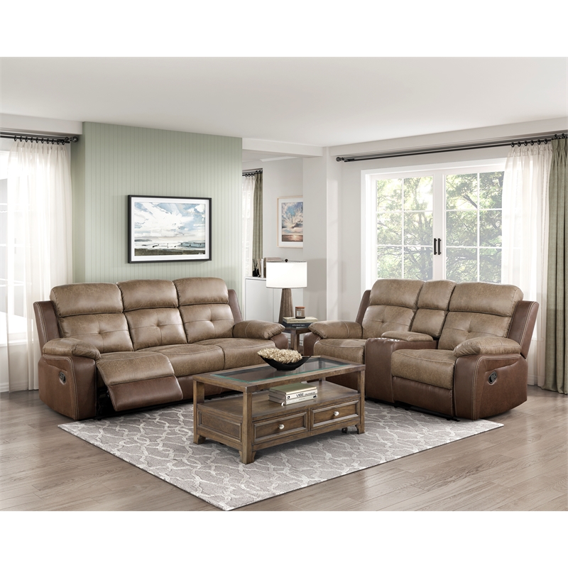 Lexicon Glendale Polished Microfiber Double Manual Reclining Sofa in Brown