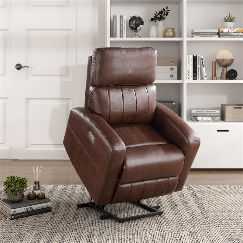 Lexicon Wheaton Upholstered Faux Leather Power Lift Chair in Brown