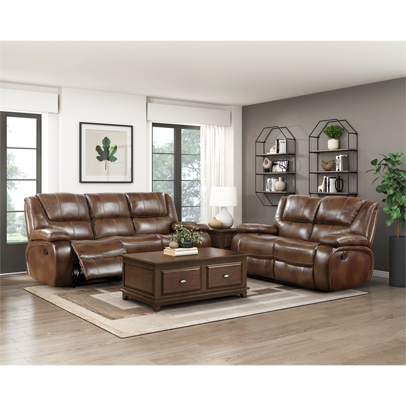 Lexicon Ellicott Leather Match Double Reclining Sofa in Brown