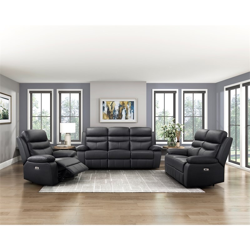Lexicon Hancock Leather Power Double Reclining Sofa in Black