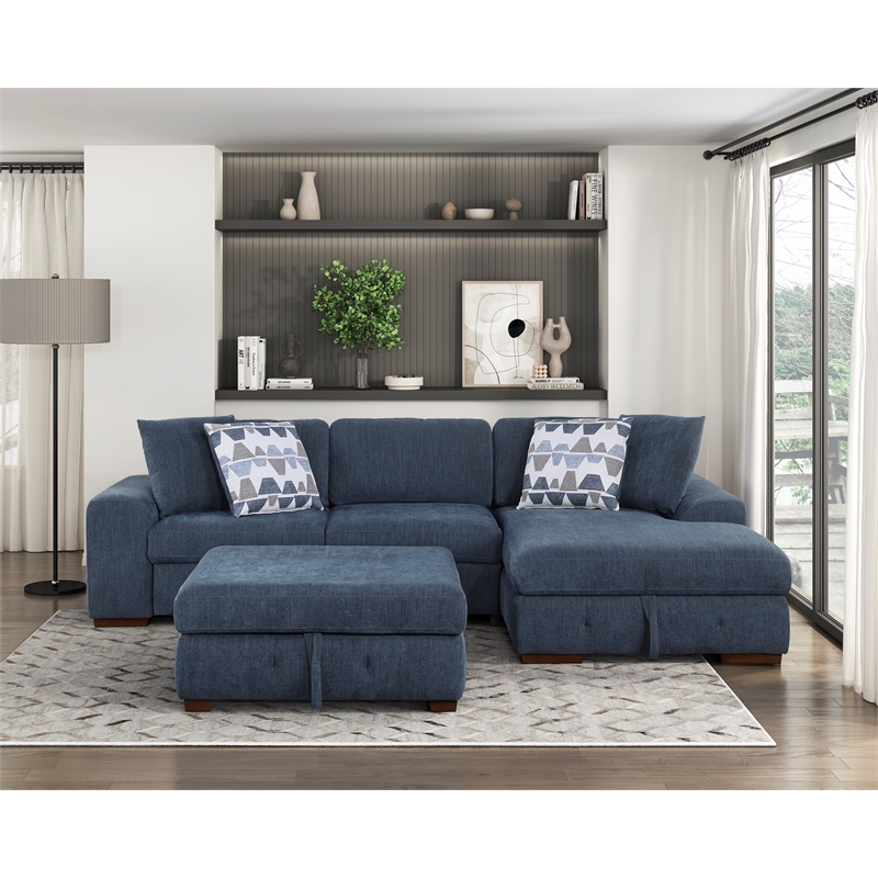 Lexicon Raife 3-Piece Chenille Sectional with Right Chaise and Ottoman in Blue
