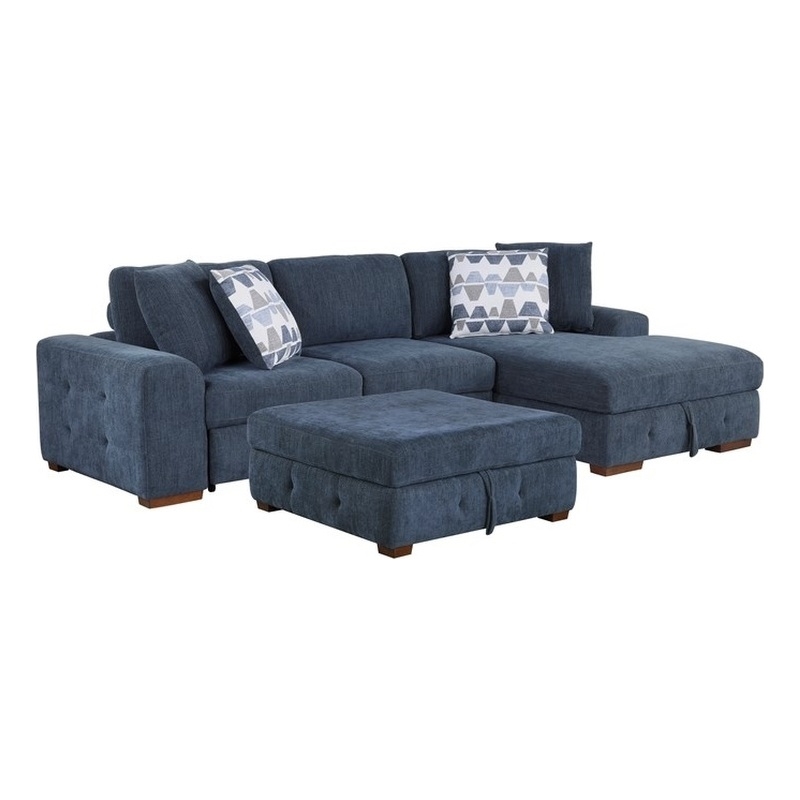 Lexicon Raife 3-Piece Chenille Sectional with Right Chaise and Ottoman in Blue