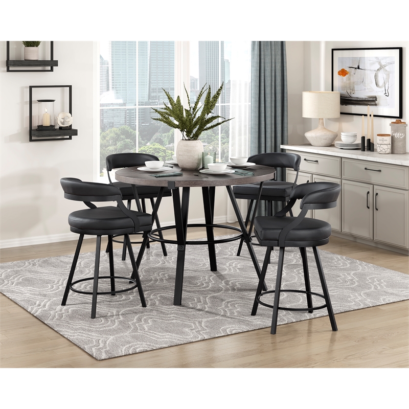 Lexicon Oxton Metal & Faux leather set of 2 Swivel Counter Height Chair in Black