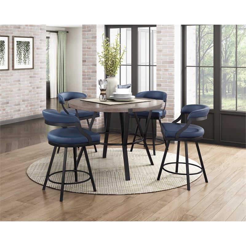 Lexicon Oxton Metal & Faux leather set of 2 Swivel Counter Height Chair in Blue