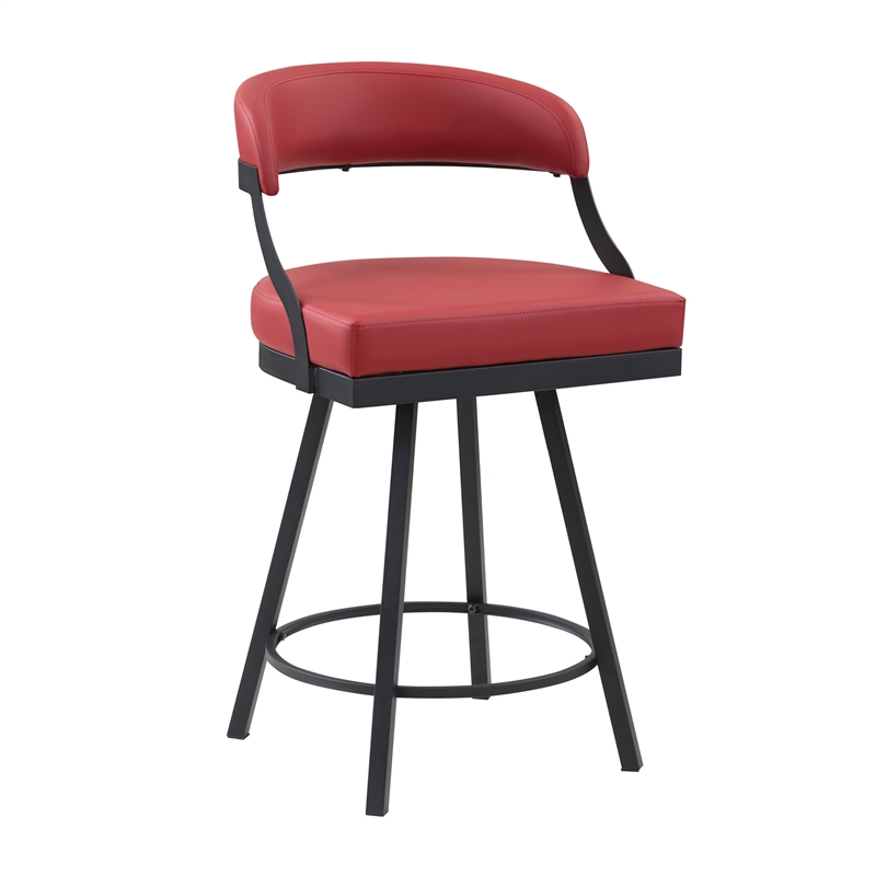 Lexicon Oxton Metal & Faux leather set of 2 Swivel Counter Height Chair in Red