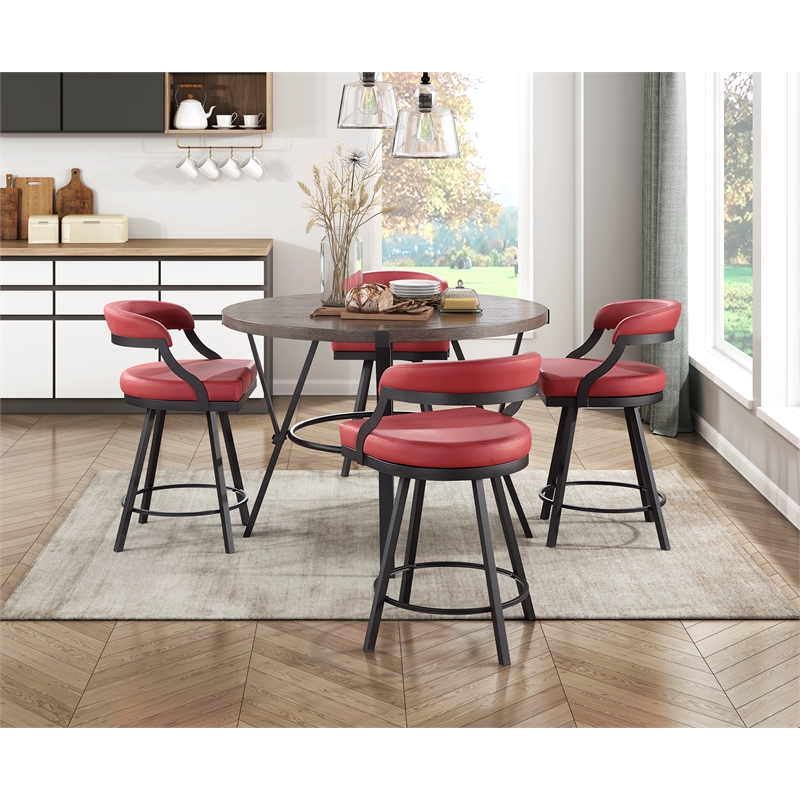 Lexicon Oxton Metal & Faux leather set of 2 Swivel Counter Height Chair in Red