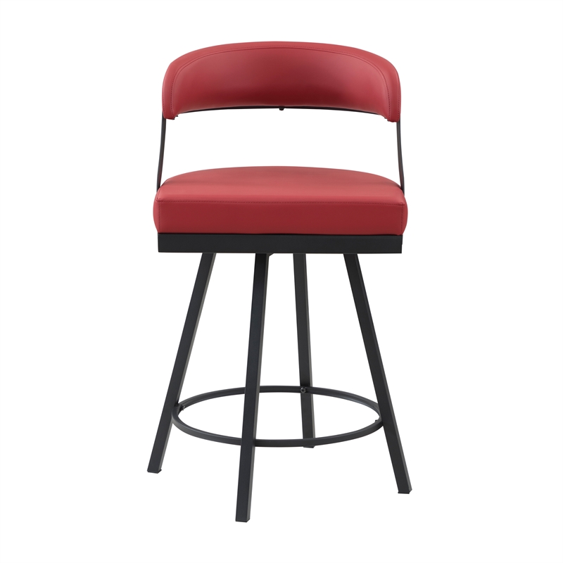 Lexicon Oxton Metal & Faux leather set of 2 Swivel Counter Height Chair in Red