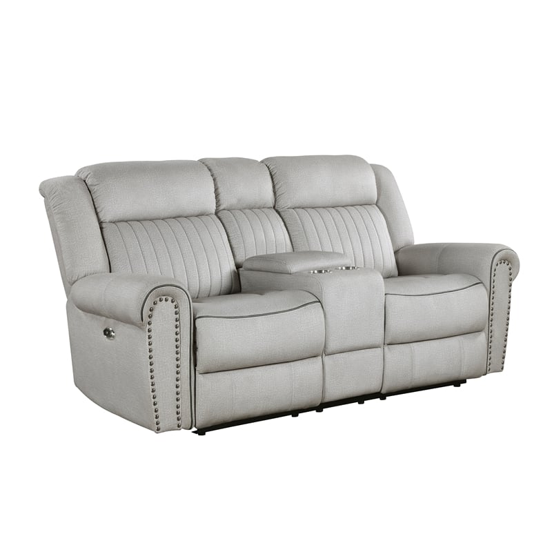 Lexicon Brennen Microfiber Pwr Dbl Rclng Love Seat with Center Console in Mist
