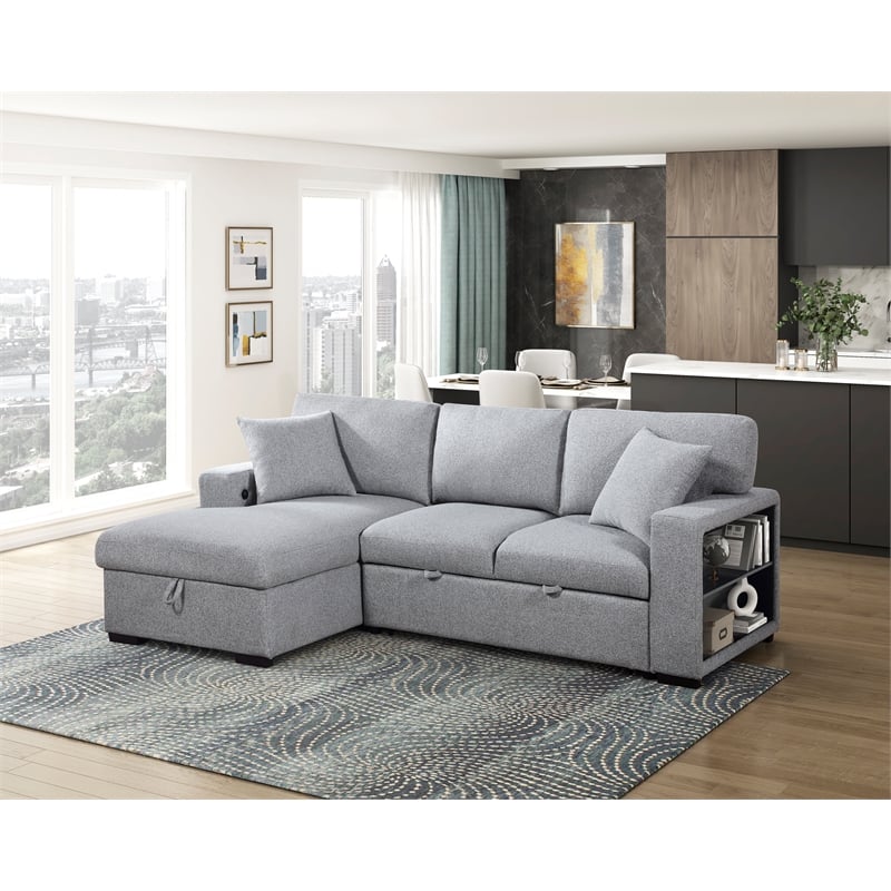 Lexicon Pompano Boucle Sectional with Left Chaise & Pull-out Bed in Gray